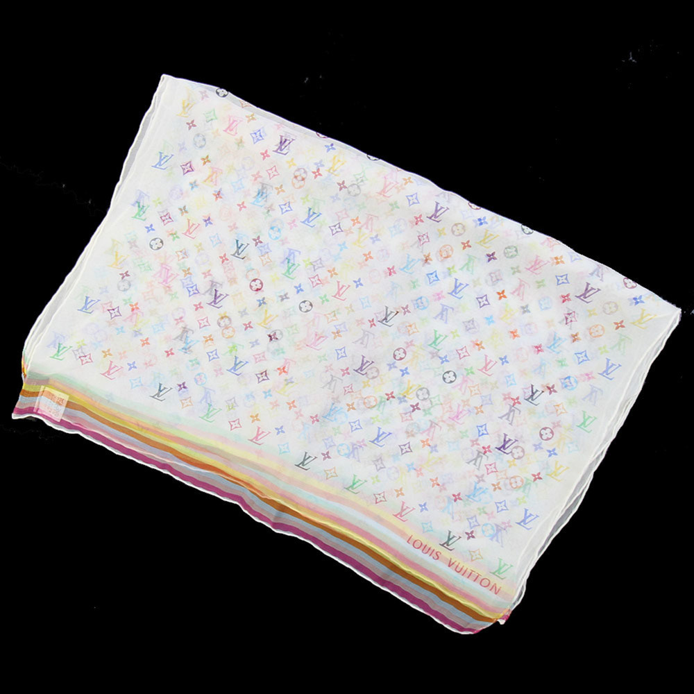 Louis Vuitton Scarf Muffler Multicolor Blanc 100% Silk Chiffon LV x TM Women'...